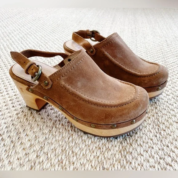 Frye Jessica clog in brown -Brown Suede Wooden Clog Heels - Women's 6 - Picture 2 of 8